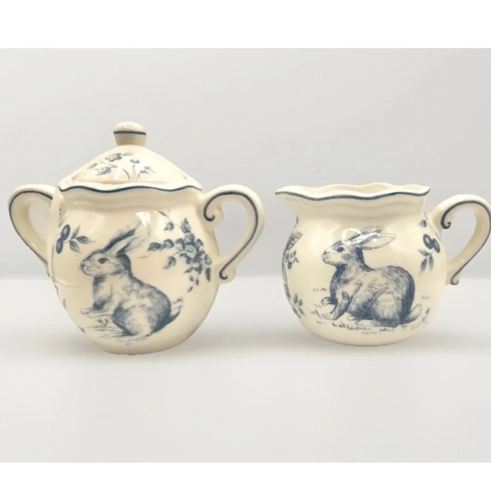 Maxcera Blue Toile Easter Bunny Creamer & Sugar Bowl w/Lid NEW Spring - Picture 1 of 7